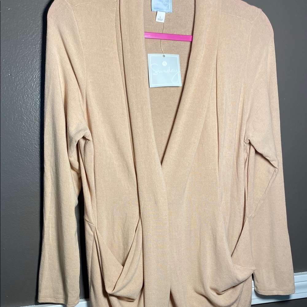 Sunday Lounge Creamy Tan Open Front Shaw Collar Cardigan W/Pockets